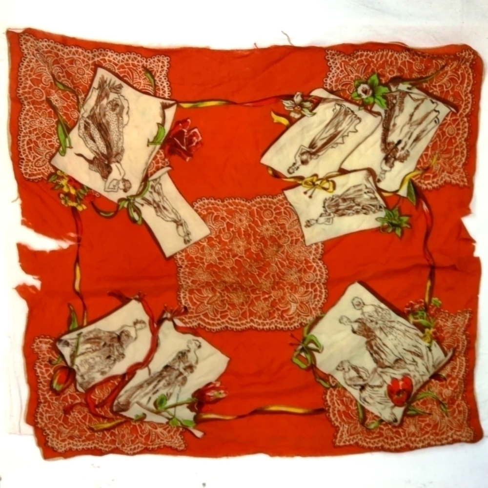 𝅺VTG 20s Antique ORANGE Ladies print scarf -- as is with flaws & torn